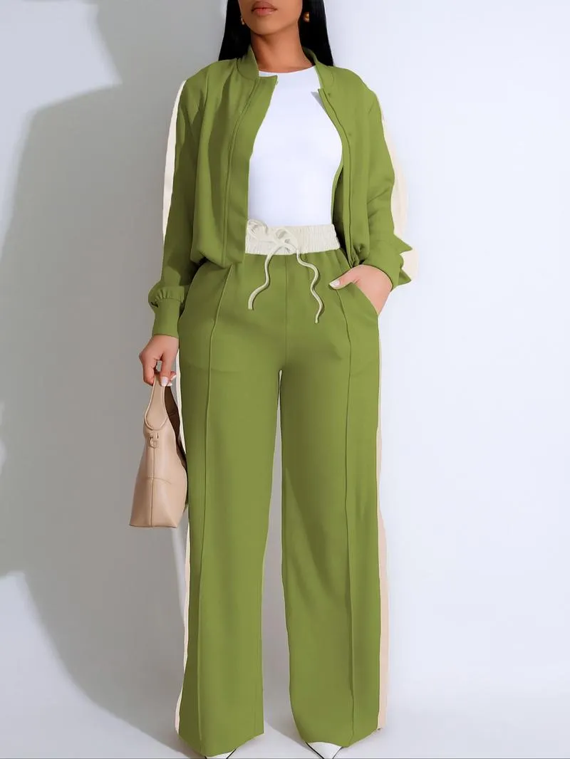 Two-piece Set Women's Patchwork Top & Wide Leg Pants Set, Casual Long Sleeve Outerwear & Pants for Daily Wear, Ladies Summer Clothes