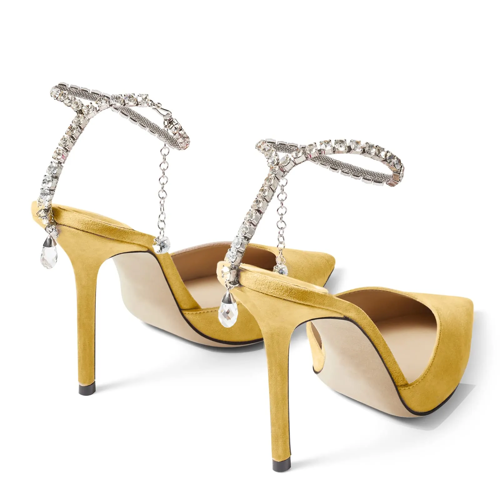 100mm Women's Sandals Crystal Chain Rhinestone Embellished Strap Suede Pumps Pointy Stilettos Backless Shoes-vocosishoes