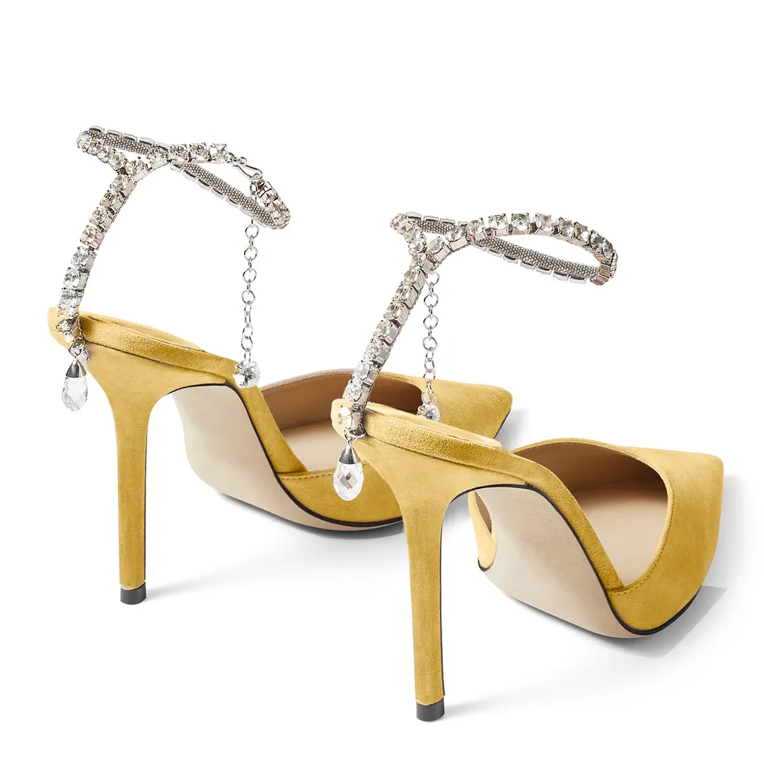 100mm Women's Sandals Crystal Chain Rhinestone Embellished Strap Suede Pumps Pointy Stilettos Backless Shoes-vocosishoes