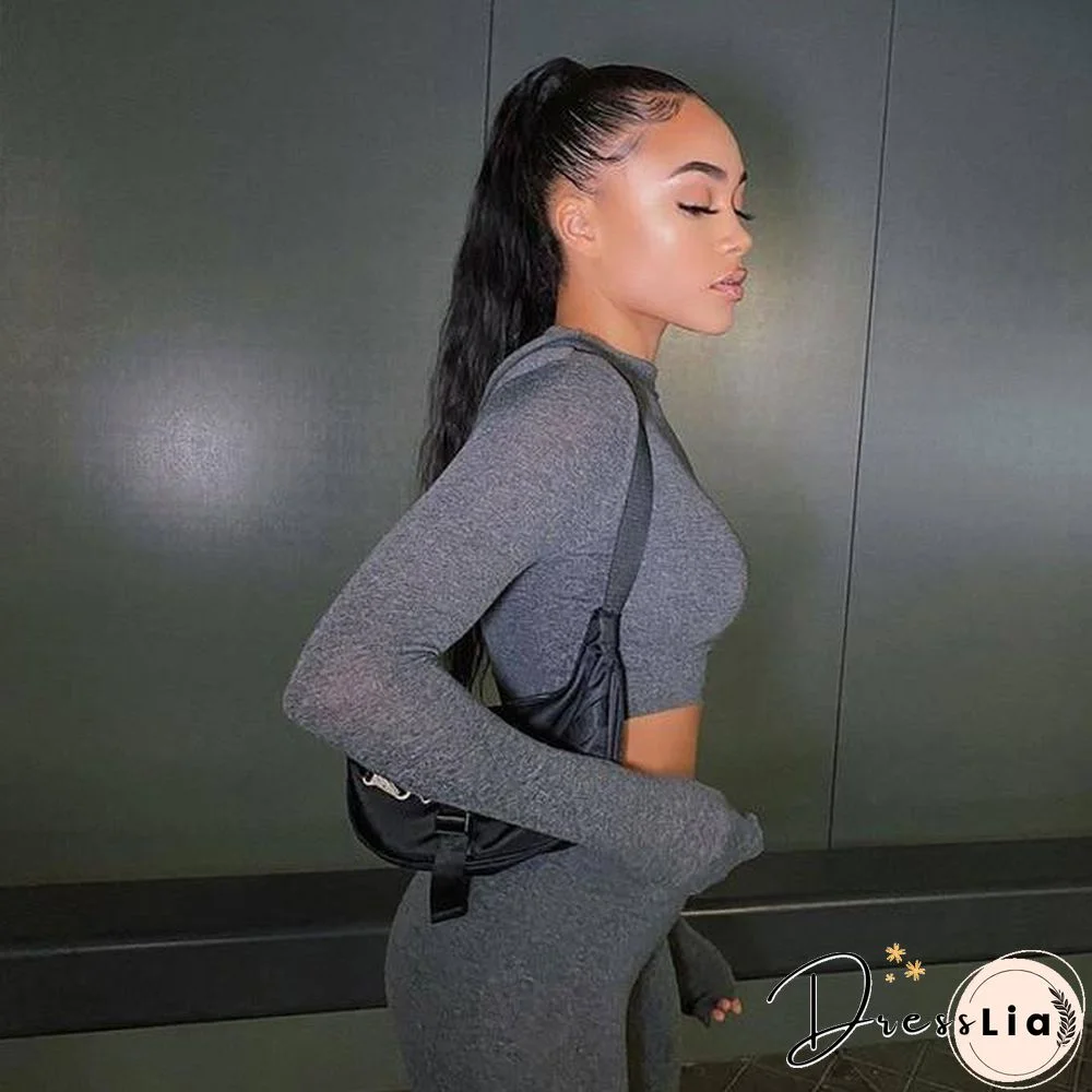 Winter Women Sport Fitness 2 Two Piece Set Outfits Long Sleeve Crop Tops Tshirt Leggings Pants Set Bodycon Tracksuit