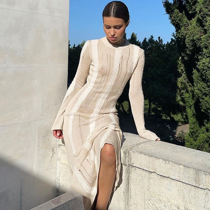 Ootddress Knitwear Hollow Out Solid Maxi Dress For Women See-Through High Waist Loose Knit Autumn Dress Fashion Elegant Party Dress
