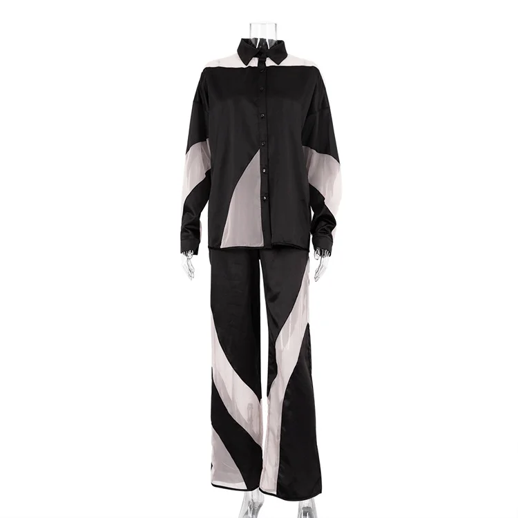 Churchf Churchf Early Autumn New Splicing See-Through Suit Long Sleeve Shirt High Waist Trousers Fashion Temperament Satin Women's Clothing