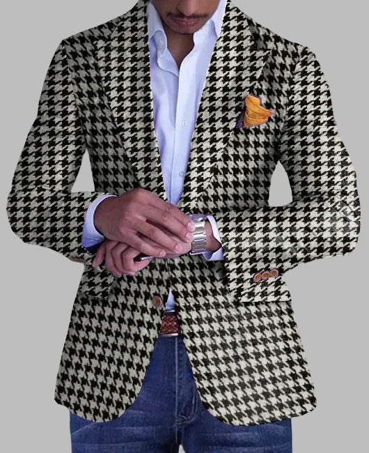 Houndstooth Pattern Pockets Single Breasted Lapel Collar Blazer