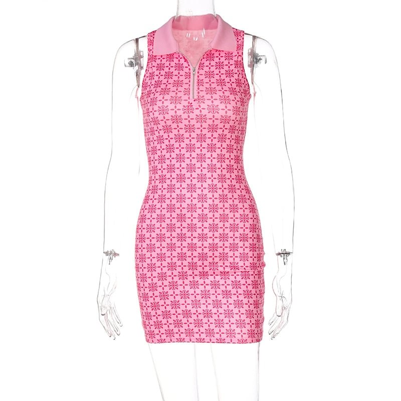 Hugcitar 2021 Women Fashion Summer Print Zipper Polo Neck Sleeveless Mini Dress Bodycon Sexy Party Club Streetwear Y2K