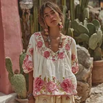 Women's Vintage Floral Art Embroidery Linen T-shirt - Image 2