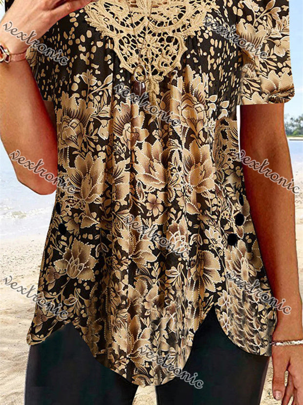 Women's Gold Scoop Neck Short Sleeve Printed Top