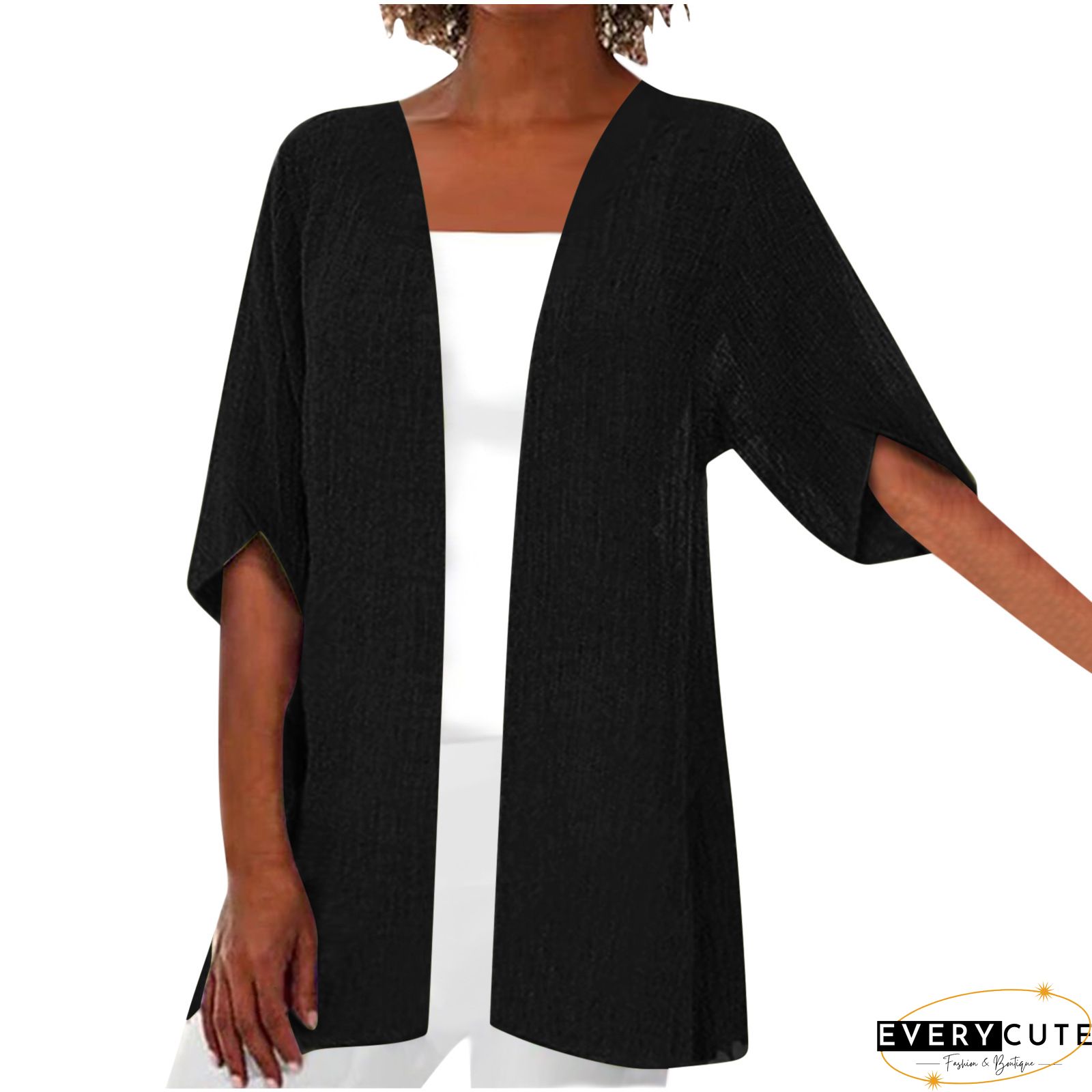 Women Half Sleeve Scoop Neck Solid Cardigan Tops
