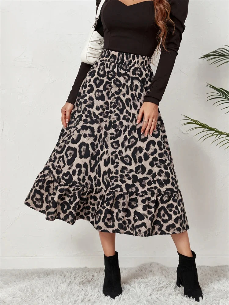 Huiketi High Waist Leopard Midi Skirt For Women Casual Boho Printed Long Tulle Skirt Ladies 2024 Autumn New Chiffon A-line Skirt