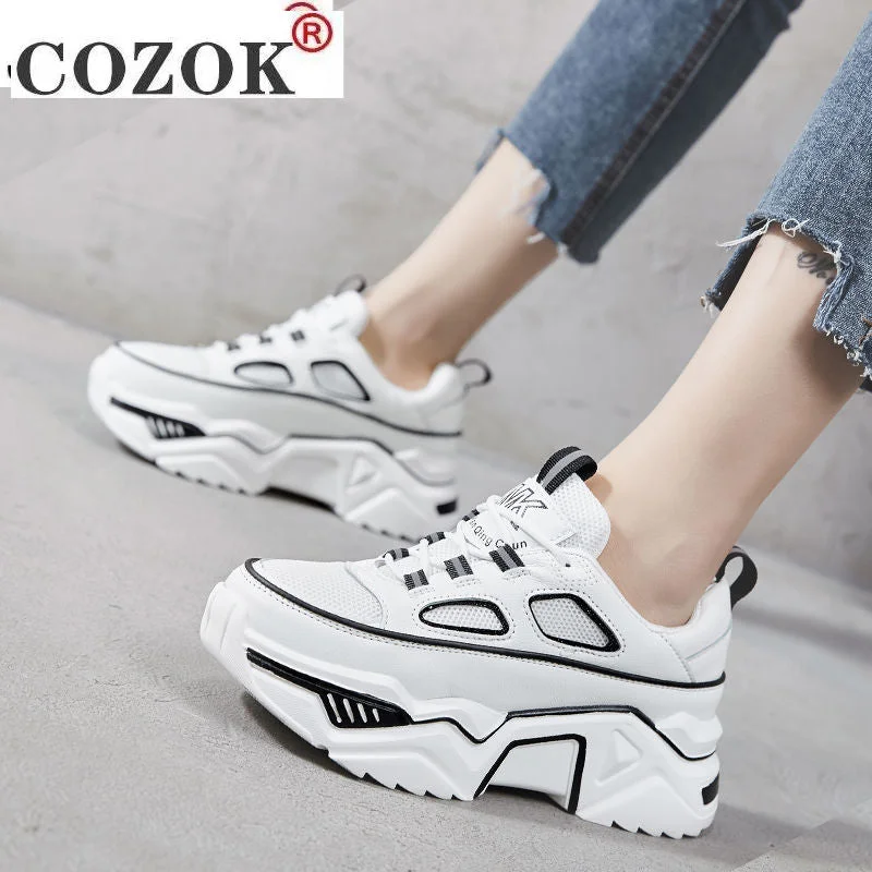 2021 Spring New Women's Chunky Sneakers Platform Vulcanize Shoes Fashion Breathable Women Casual Shoes Lace-up White Dad Shoes