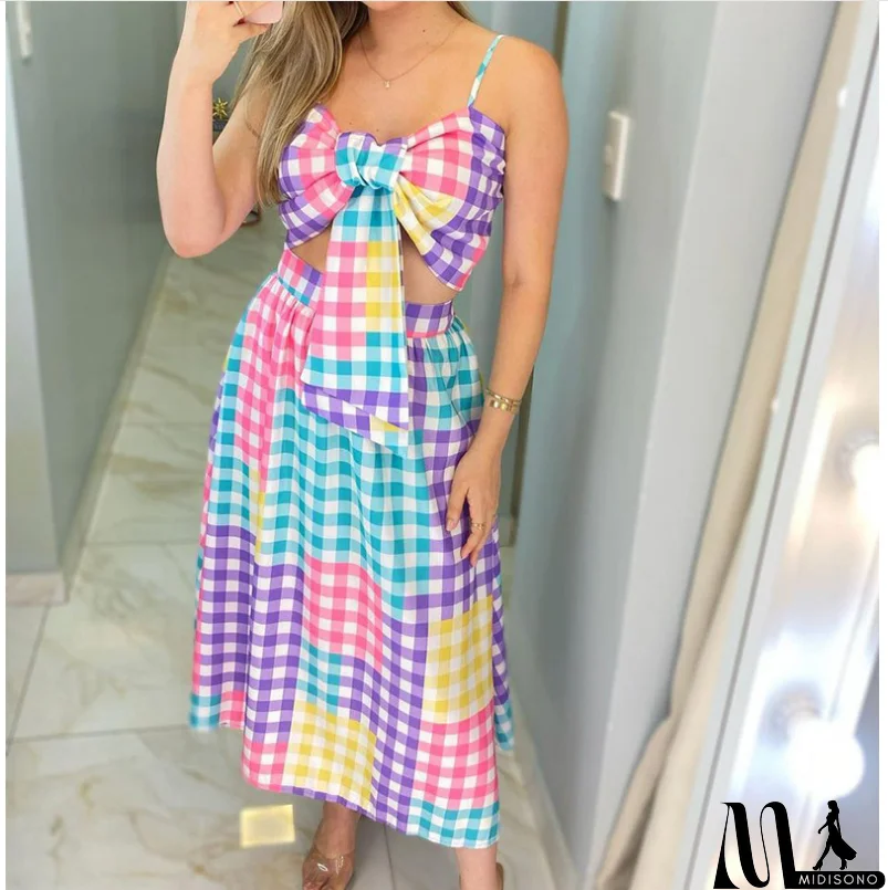 MidiSono - Fashion Sling Check Sleeveless Two-Piece Set
