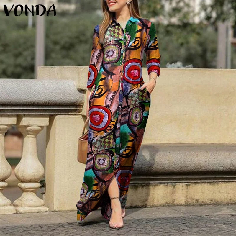 VONDA Women Long Sleeve Long Maxi Dress Summer Vintage Checked Plaid Turn Down Neck Shirt Dresses Button Up Party Vestidos Robe