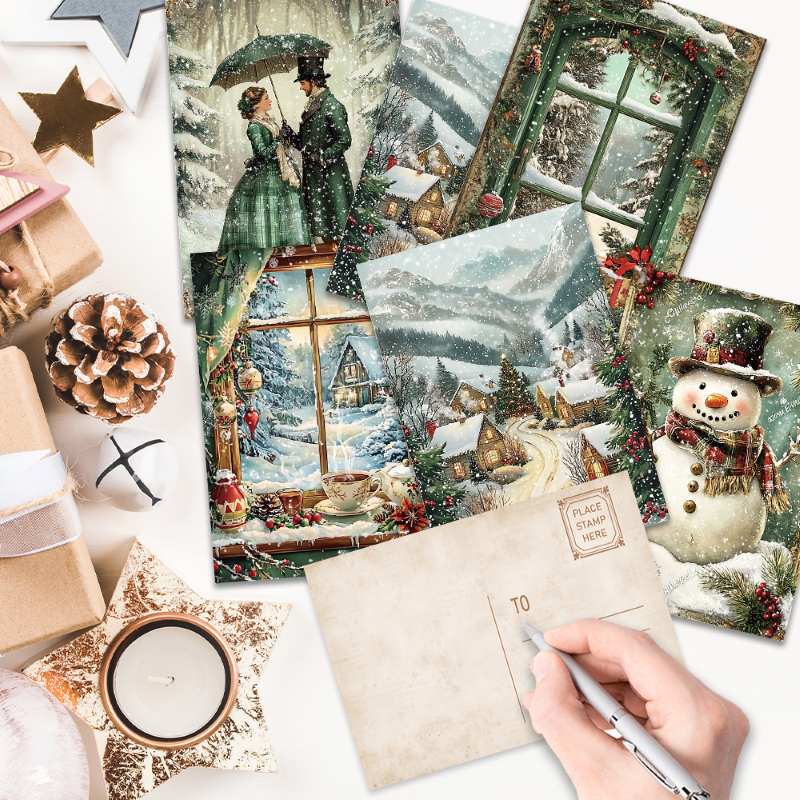Tegooe 32PCS Vintage Christmas Postcards Set - Green Retro Holiday Collection