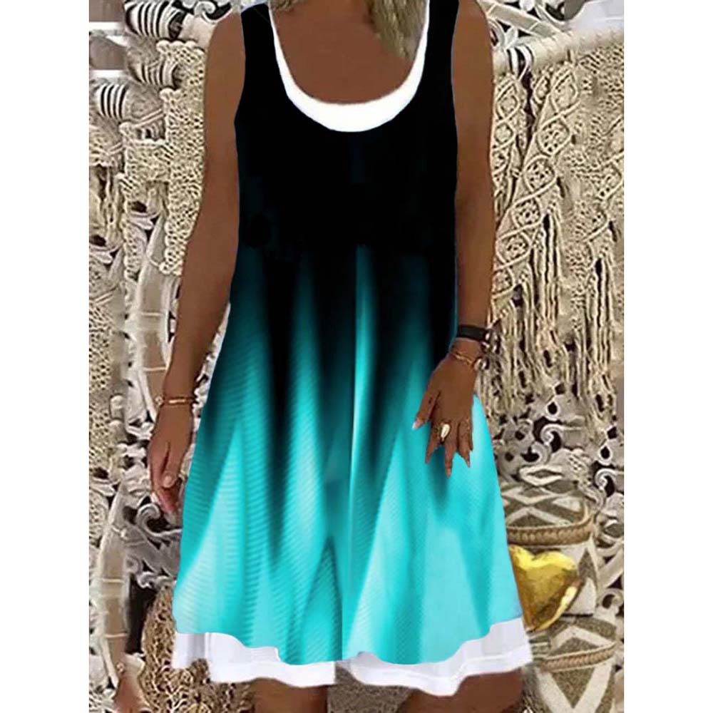 Mature Women Summer Printed Patchwork Round Neck Sleeveless Pleating Dress