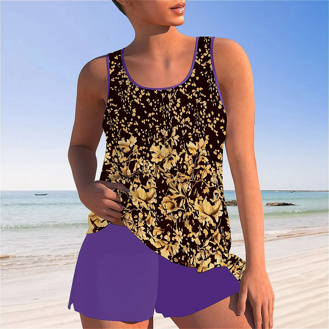 Bowknot Black,Khaki,Floral Mid Waisted Tankini Set - Plus Size Available