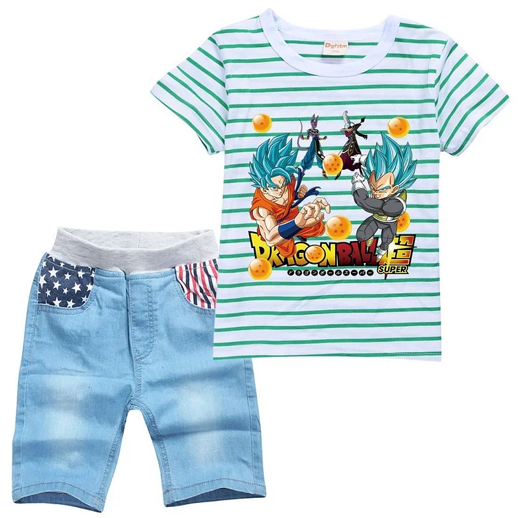 Boys Dragonball Super Print Girls Striped T Shirt Denim Shorts Suit-Mayoulove