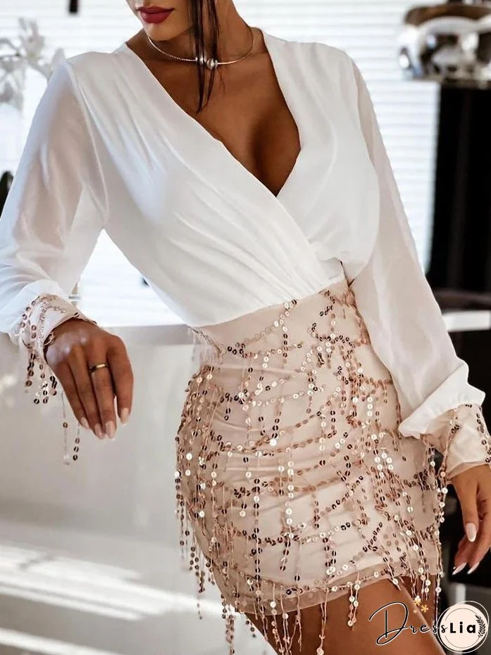 Dresses V-Neck Sequined Fringe Long Sleeve Dress for Women