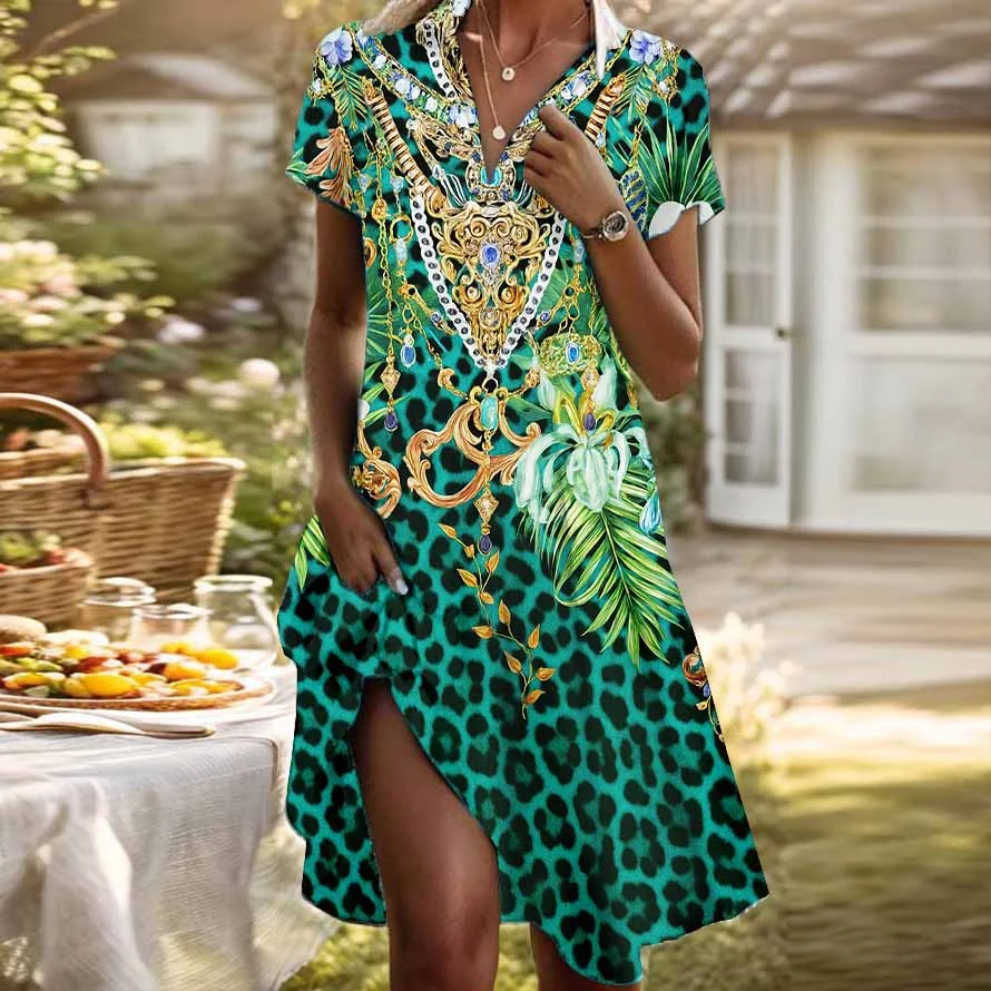 Women Half Sleeve V-neck Solid Color Dress