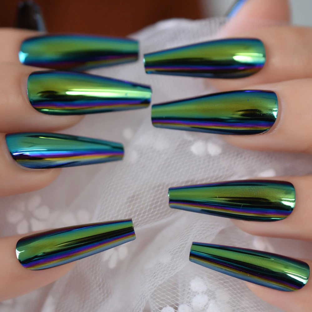 Churchf Chrome Diamond Blue Press On Fingernails Metallic Mirror Holo Fake Nails Extra Long Ladies Designed Tips for Finger