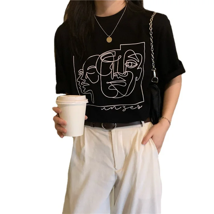 Uveng Uveng New 2024 Summer Ins Retro Loose Versatile Line Print Short-Sleeved T-Shirt For Women With A Round Collar Bottom Shirt Fashion