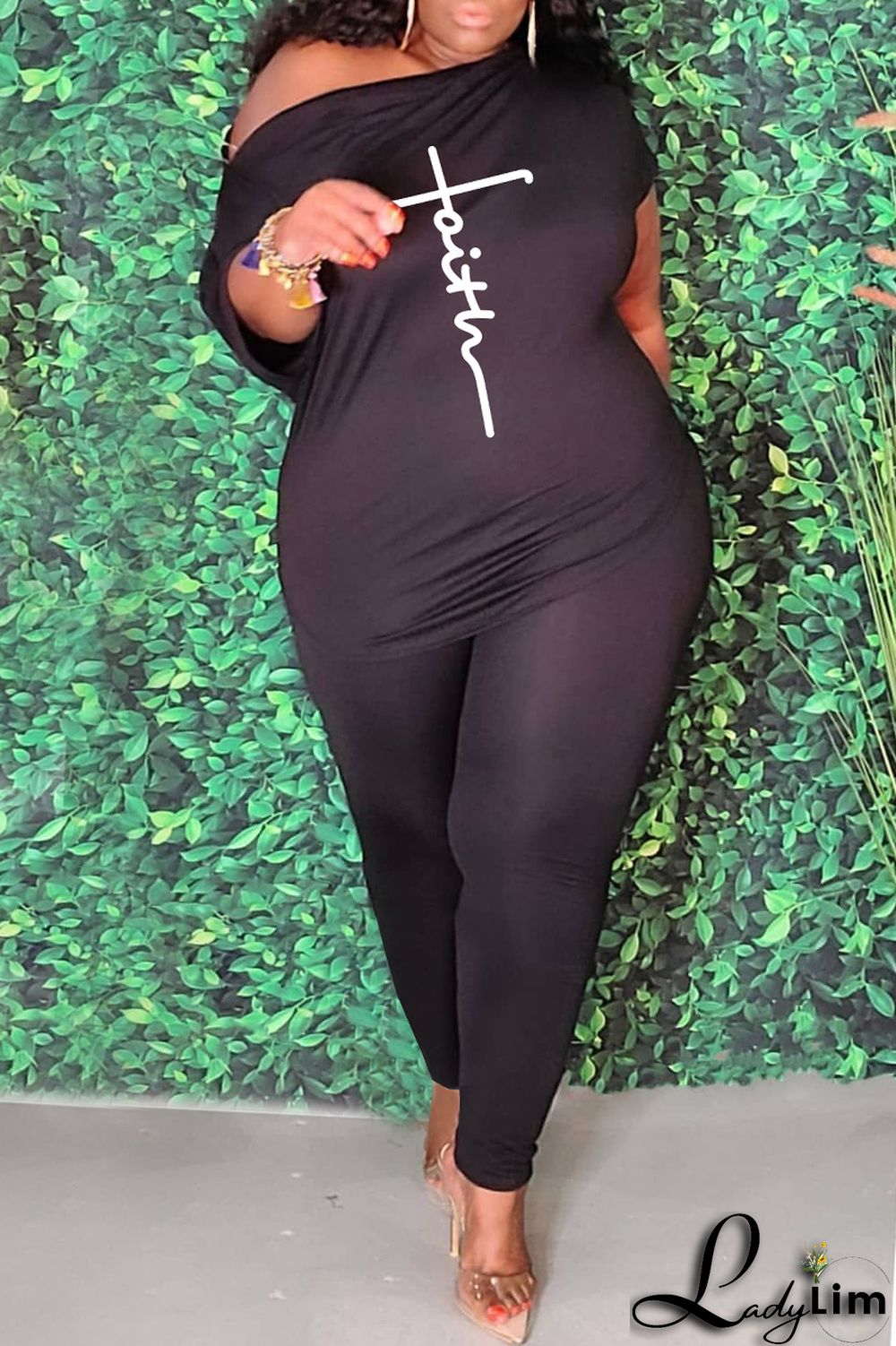 Red Fashion Casual Print Basic Oblique Collar Plus Size Two Pieces