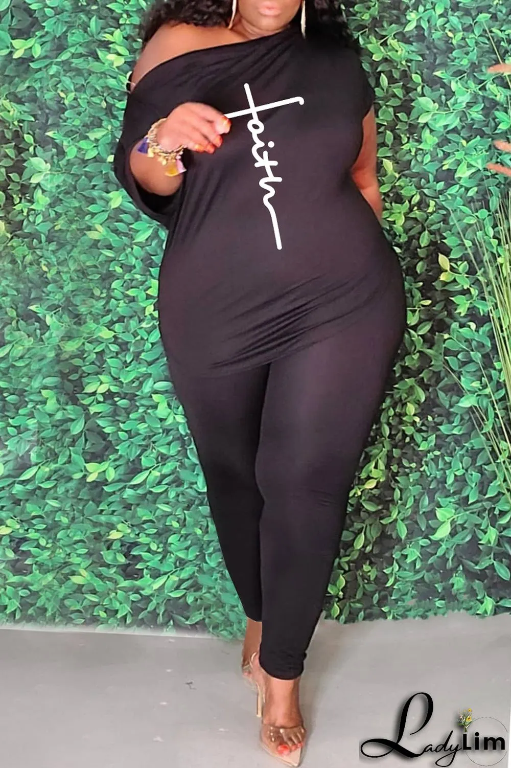 Red Fashion Casual Print Basic Oblique Collar Plus Size Two Pieces
