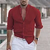 Men's Linen Solid Color Casual Stand Collar Long Sleeve Shirt by Inlyline