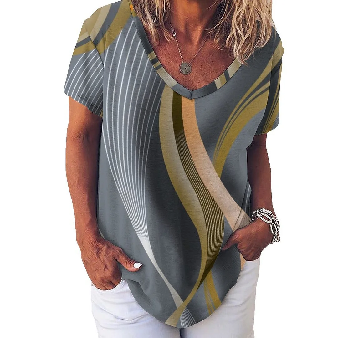 V-neck Short Sleeve Casual T-shirt for  Women Printed with Pattern Texture, Gray, Apricot