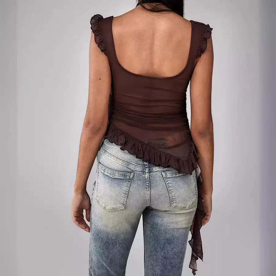 Uveng Uveng Summer New Women's Fashion Sexy Wood Ear Splicing Temperament Gauze Small Vest