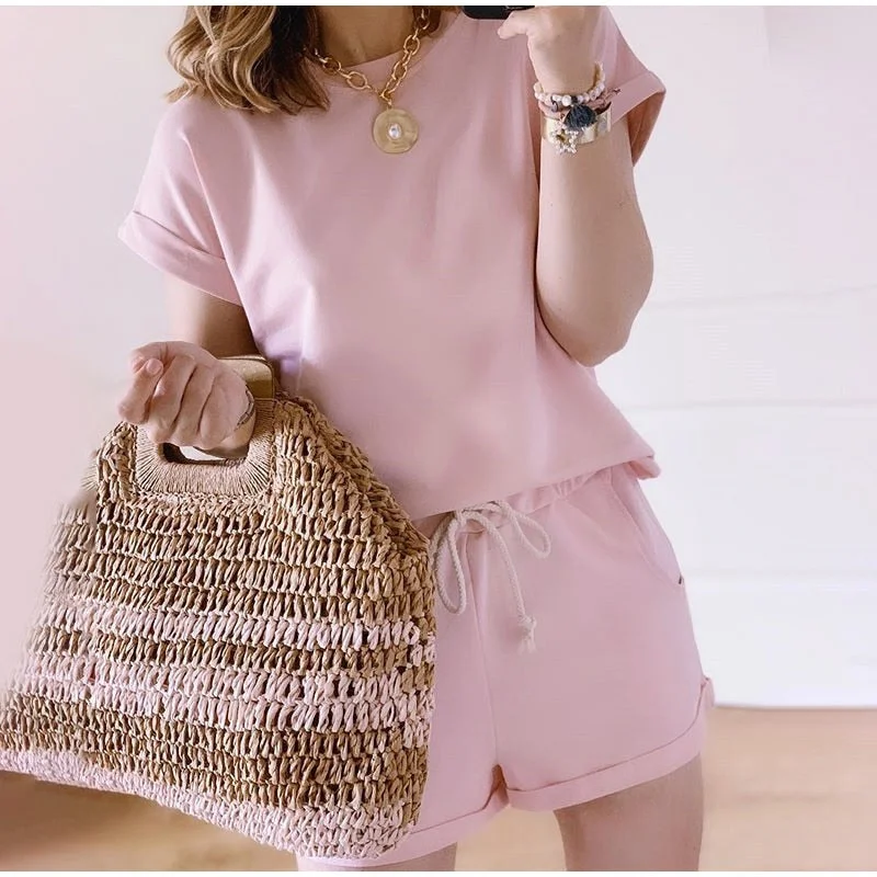 Solid Summer Women's Suit Two Pieces Tracksuit Short Sleeve Sports Suits Women 2021 Casual Tracksuits Elastic Waist Lady Set