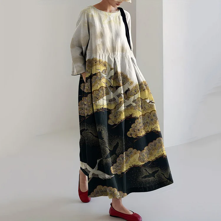 Women Japanese Art Crane Linen Blend Maxi Dress