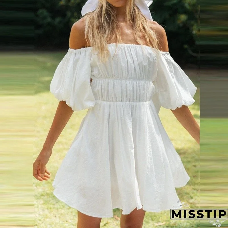 Women Elegant Puff Sleeve Mini Dress Sexy Off Shoulder Solid Party Dress Summer Sweet Lady Elastic Waist Beach Dresses Vestidos