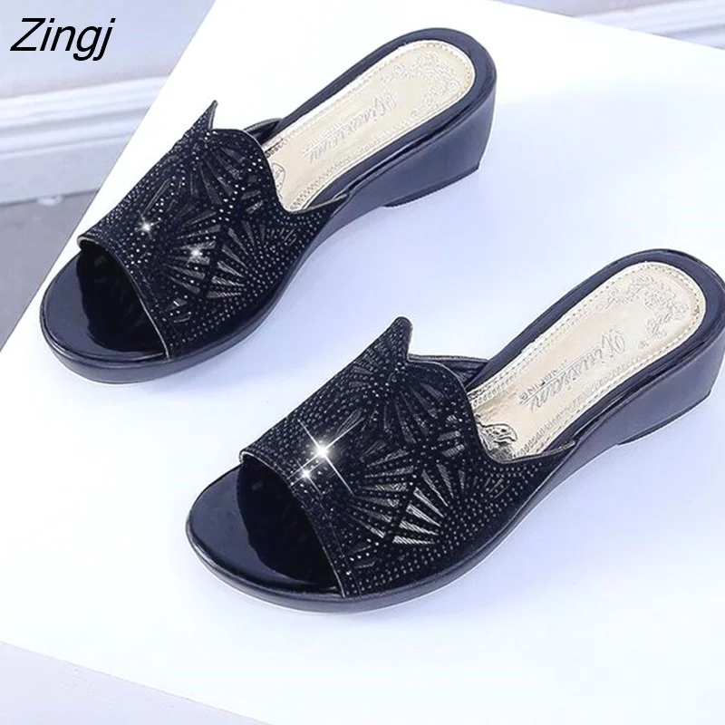 Zingj new women's slippers comfortable breathable wedge with thick bottom versatile mesh rhinestone slippers 2023