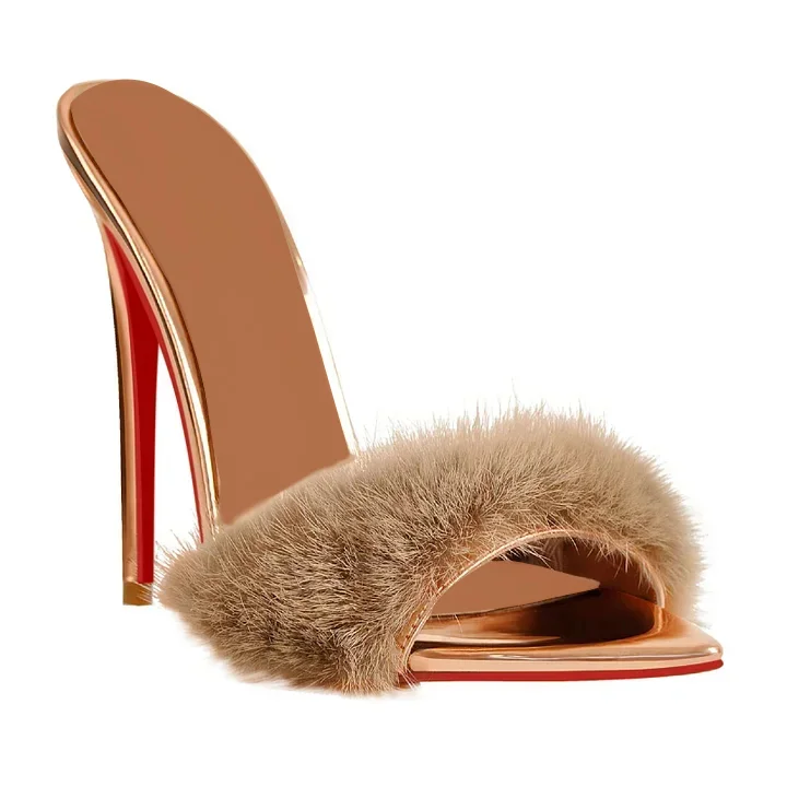 120mm Women's Fur Fluffy Mules Slip On High Heels Red Bottom Sandals VOCOSI VOCOSI
