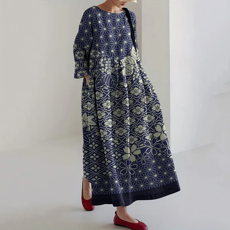 Women Japanese Art Plum Blossom Printed Casual Midi Dress