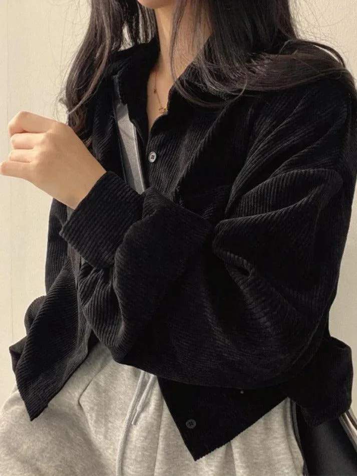 Brownm Vintage Corduroy Lapel Neck Button Long Sleeve Blouse