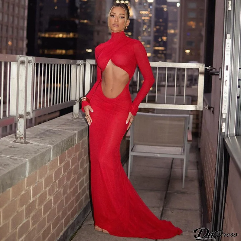 Spring Women's Fashionable High Neck Long Sleeve Sexy Hollow Slim Long Dress