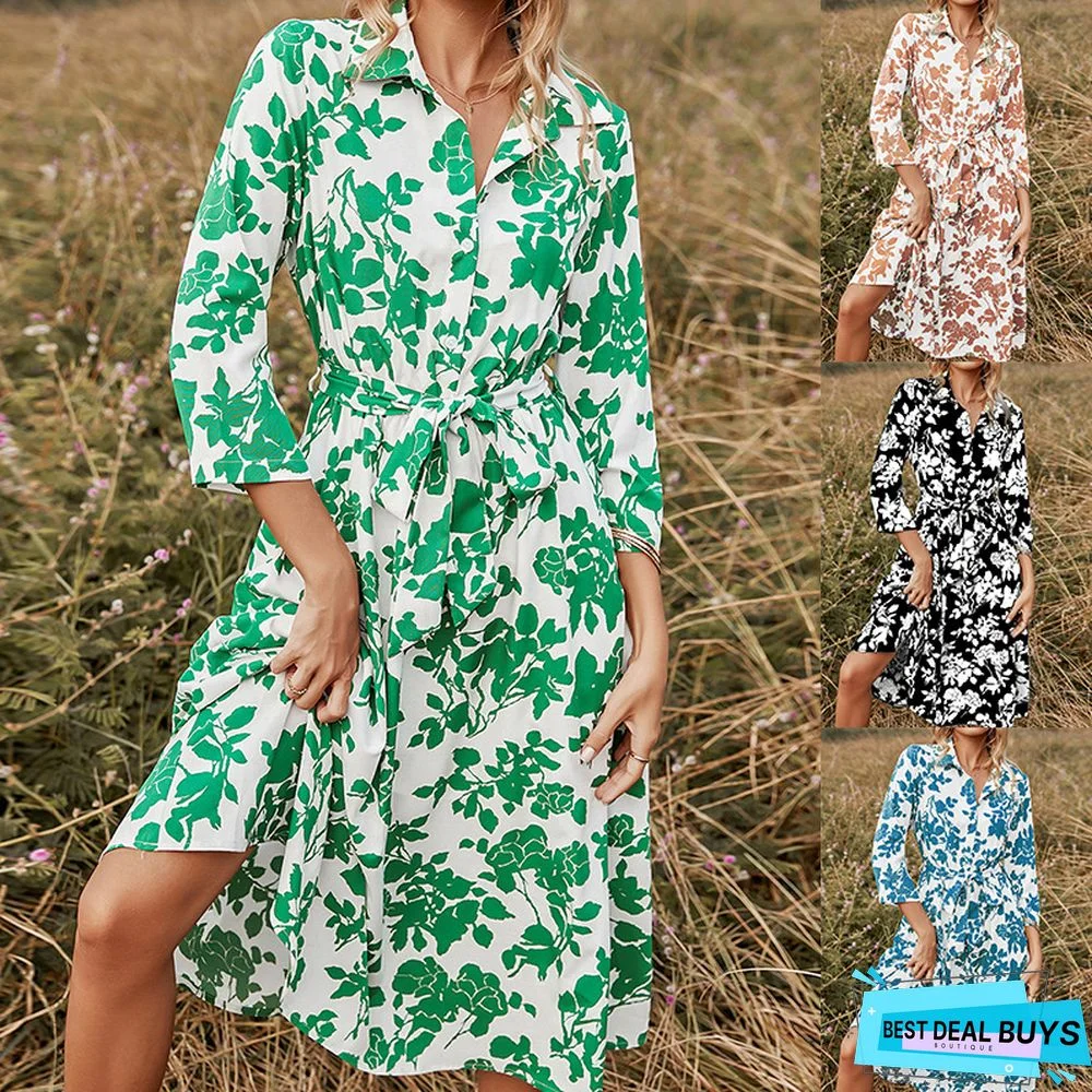 Fashion Women's Long Skirt Green Print Lace-up Dress Black Dresses