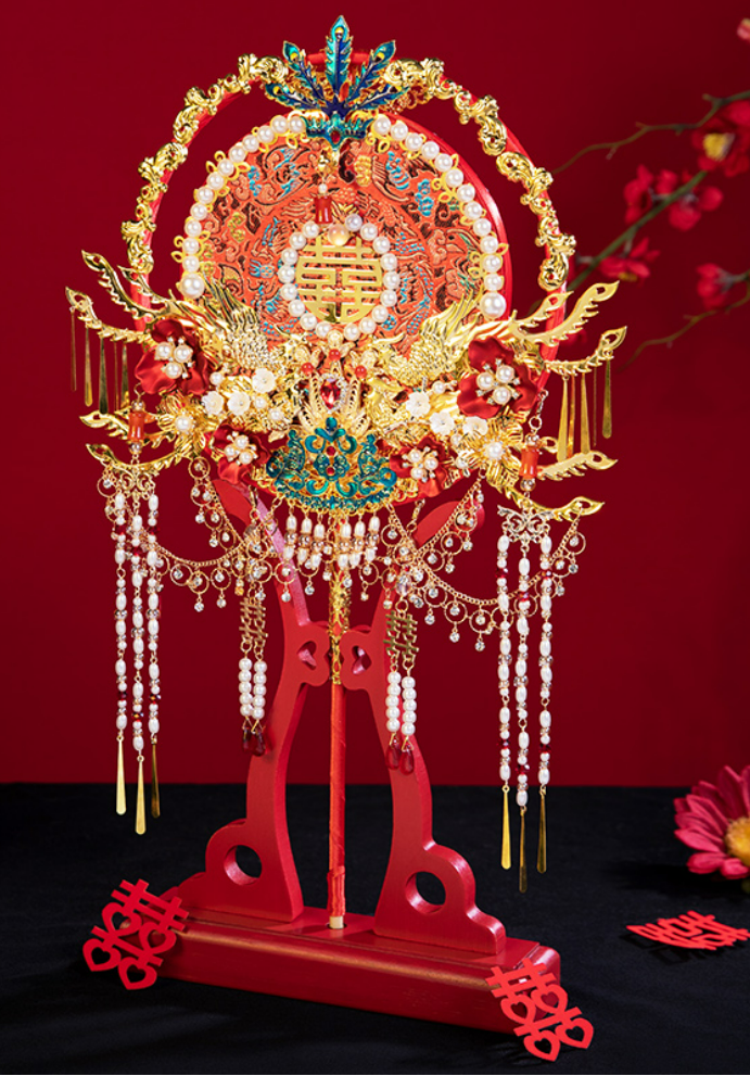 Chinese Style Bride Married Pearl Tassel Handmade Double-sided Wedding Fan