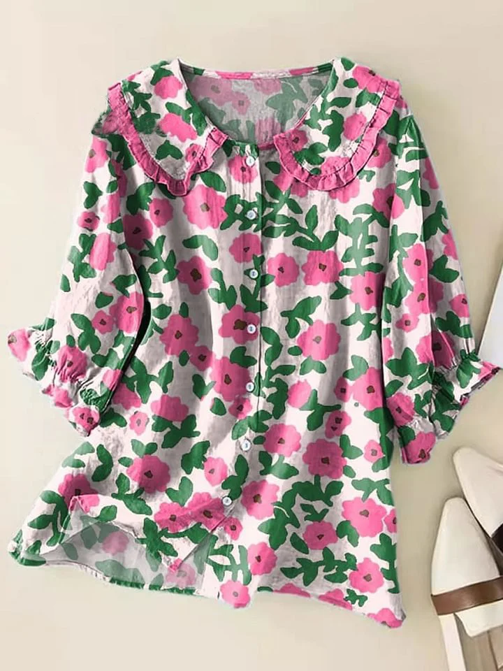 Women's Vintage Floral Art Print Loose Top Peter Pan Collar Half Sleeve Blouses