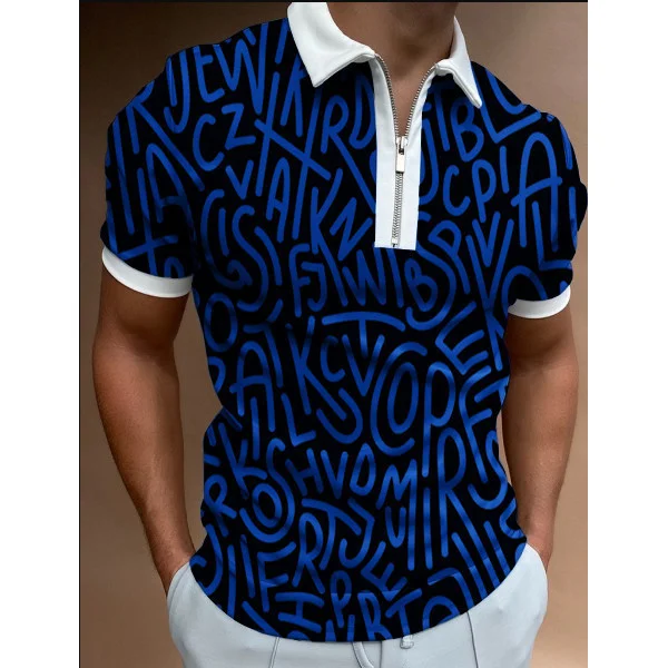 Lettering Pattern Casual Short Sleeve Tops Zipper Men's Polo Shirts at Hiphopee