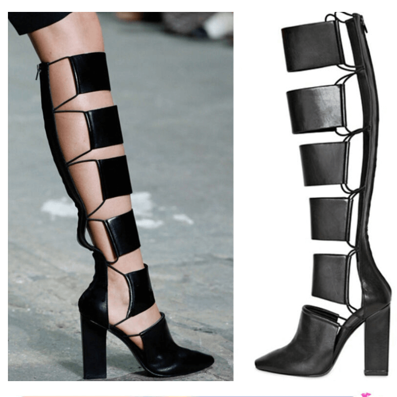 GOOSHOE Knee High Cutout Chunky Heel Sandal Boots