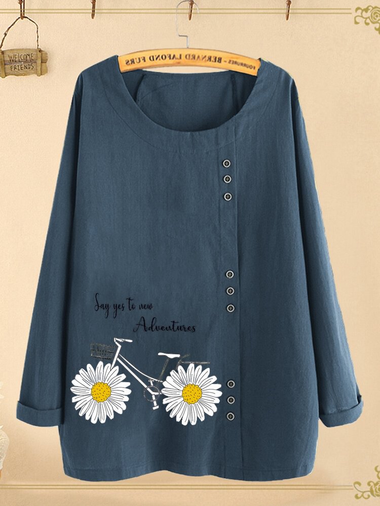 Letters Floral Bike Printed Button O neck Long Sleeve Blouse P1707515