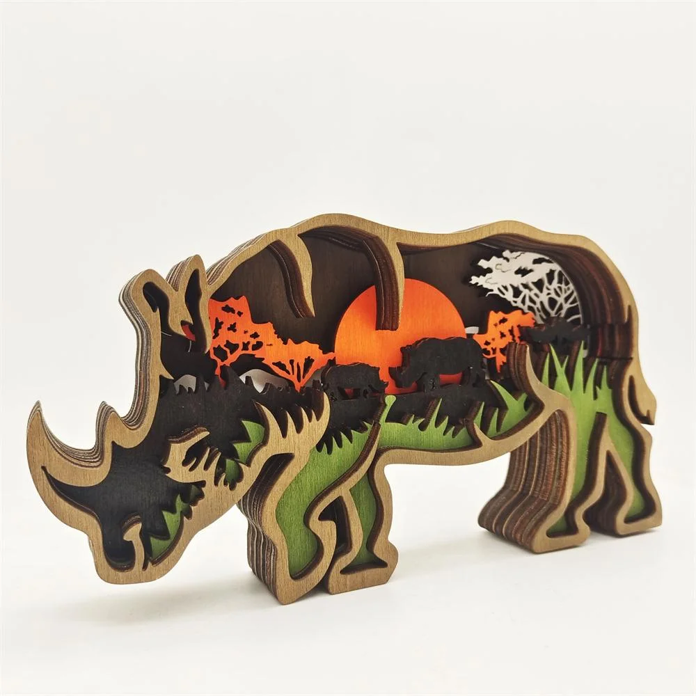 Purexcellent&trade; New creative home desktop wood carving rhinocero crafts ornaments