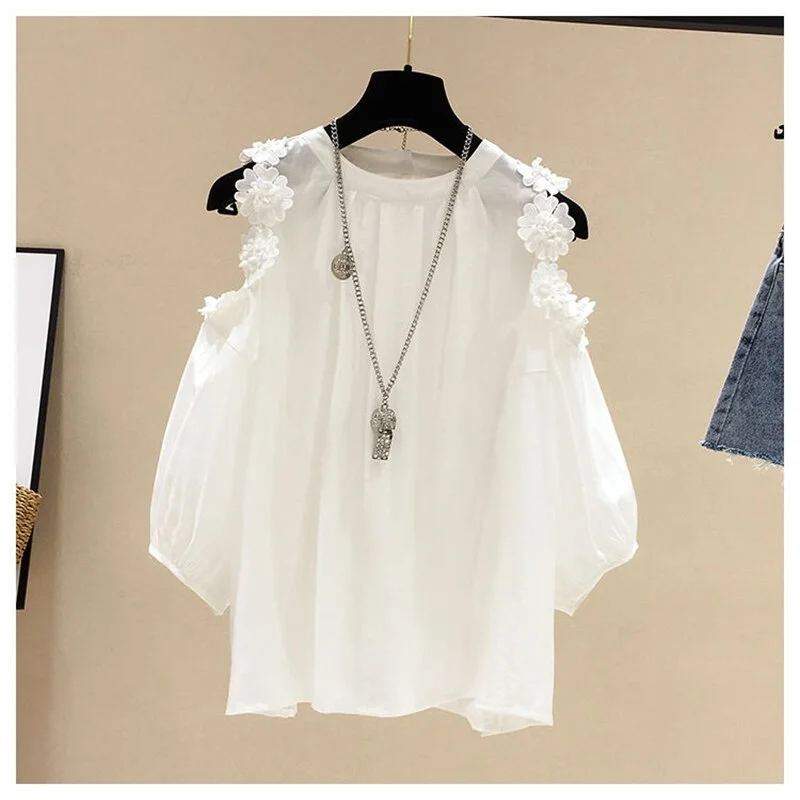 Flower Off shoulder Top Short sleeve Women Chiffon blouse Plus size Summer Loose Casual Tops Ladies Puff sleeve Solid color