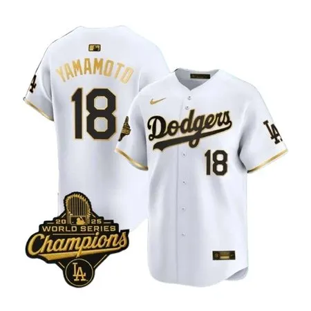 Youth Los Angeles Dodgers #18 Yoshinobu Yamamoto  White Golden 2025 World Series Champions Home Limited Jersey