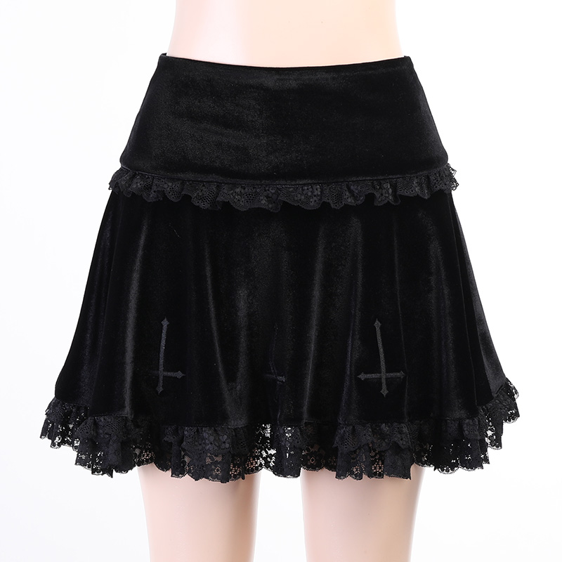E-girl Gothic Lace Mini Pleated Skirt Women Punk Y2K Aesthetic High Waist A-Line Short Skirt 90s Vintage Harajuku Streetwear