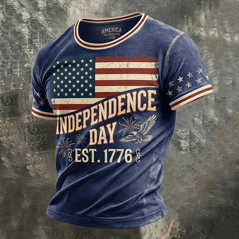  Men's Retro Flag Print Crew Neck Short Sleeve T-shirt Westsshops
