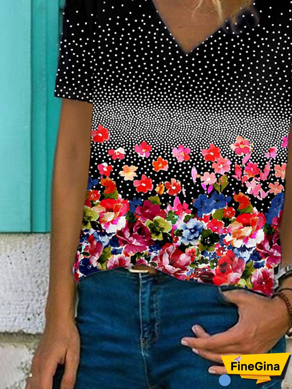 Short Sleeve V Neck Cotton-Blend T-shirt