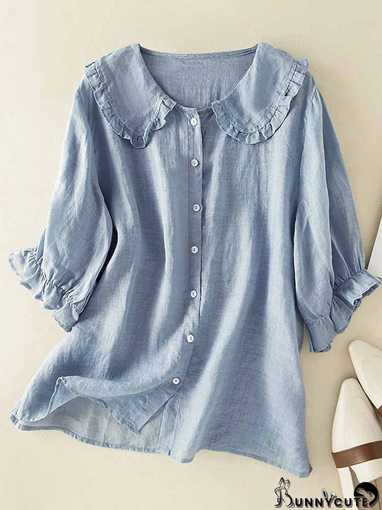 Cotton Linen Loose Peter Pan Ruffles Neck Shirt