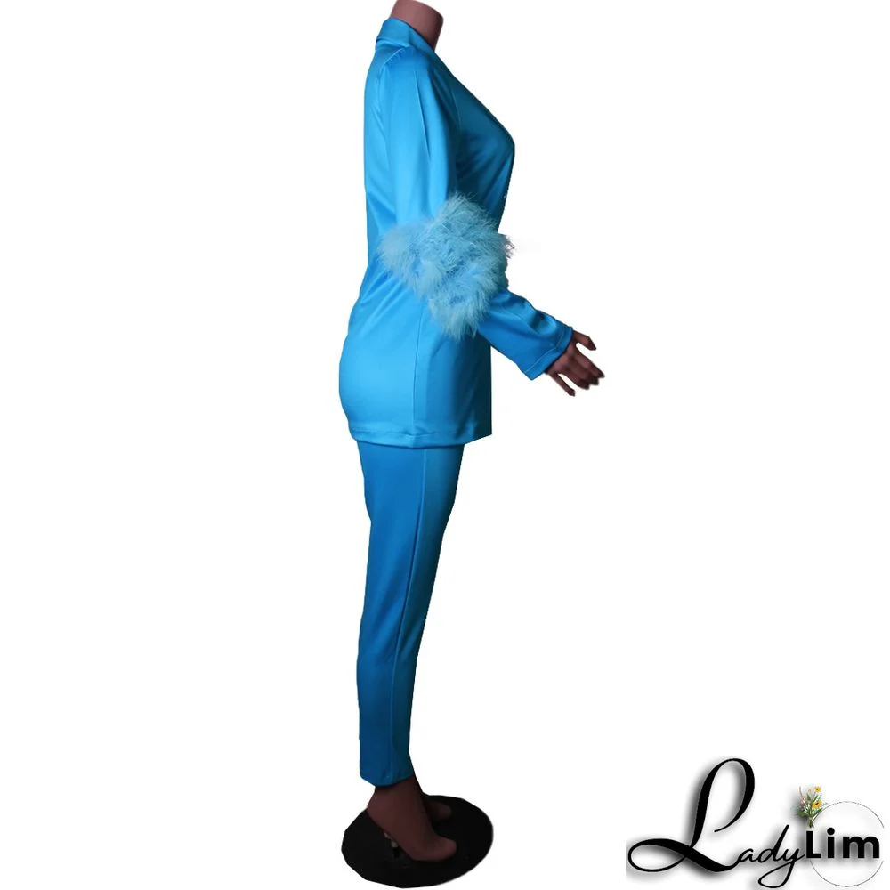 Fall Women Feather Blazer and Pant Two Piece